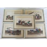 A Set of Five Chinese Paintings depicting various battle scenes, framed and glazed, 30 x 17cm