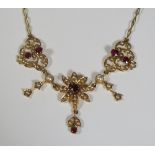 A Ruby and Pearl Necklace in a yellow gold setting, 41cm, 11.7g