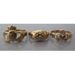 Two 9ct Gold Claddagh Rings, sizes S and Q 4.2g and one other 2g