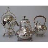 An Electroplated Silver Egg Steamer with spirit burner, tea pot and kettle (without stand)