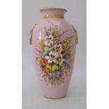 A Royal Worcester Pink Ground Floral Decorated Vase, 1878, 24cm