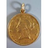 An 1854 United States of America $10 Gold Coin, mounted as a pendant, 17.1g