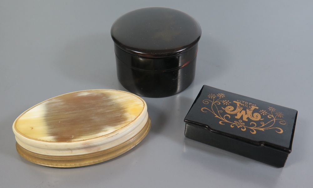 A Nineteenth Century Tortoise Shell Hinged Box, horn snuff box and papier mache 'TOP MILL' snuff box