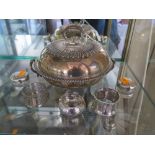 A Silver Plated Muffin Dish, pair of silver top slice cut glass pots and three napkin rings