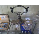 Two Silver Top Glass Dressing Table Pots and knife stand