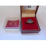 A 9ct Gold Signet Ring size R and 9ct gold earrings