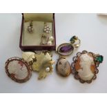 Two Shell Cameo Brooches, gold plated lockets, 9ct gold pearl screw earrings etc