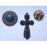 A Pewter Brooch set with Ruskin style roundel, Victorian carved cross and one other brooch