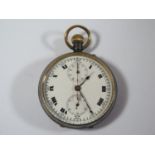 A Keyless Open Dial Pocket Watch with Stopwatch in a gun metal case, the 52mm enamelled dial with