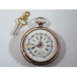 A Silver Cased Ladies Keywound Fob Watch, the 45mm dial with floral painted and gilt highlights