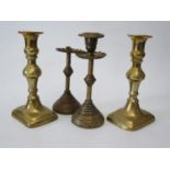 Two Pairs of Early Brass Candlesticks, 17.5cm