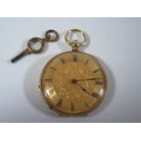 An 18ct Gold Ladies Keywound Fob Watch with chased decoration, signed Frederich Geneve, running