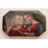 A Continental Porcelain Miniature Brooch in gold setting, decorated with two young ladies with one