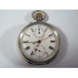 A .935 Silver Cased Keyless Open Dial Split Second Chronograph Pocket Watch, the 48mm enamelled dial