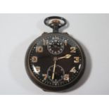 A Zenith Keyless Open Dial Pinset Alarm Pocket Watch in gunmetal case, the 48mm black dial with