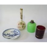 Royal Worcester Vase, 18th century blue and white porcelain saucer, glass flask and beaker