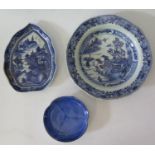 An Eighteenth Century Chinese Blue and White Leaf Shaped Dish 19.5cm, bowl 23cm and one other dish