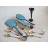 Guilloch‚ Enamel Backed Hand Mirror and brushes, silver and plated flatware