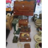 Mahogany Stationary Tidy, dome top inlaid box, letter scales, match striker etc