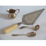 A Birmingham Silver Creamer, ivory handled silver plated presentation trowel and two plated spoons