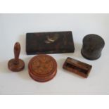 A Nineteenth Century Papier Mache Box, treen snuff box etc