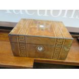 A Victorian Walnut and Parquetry Box with sewing contents