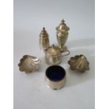 A Pair of Victorian Silver Scallop Shaped Salts Sheffield 1896, three part Birmingham silver cruet