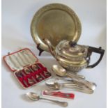 A .830 Continental Silver Spoon, plated flatware, teapot and tray