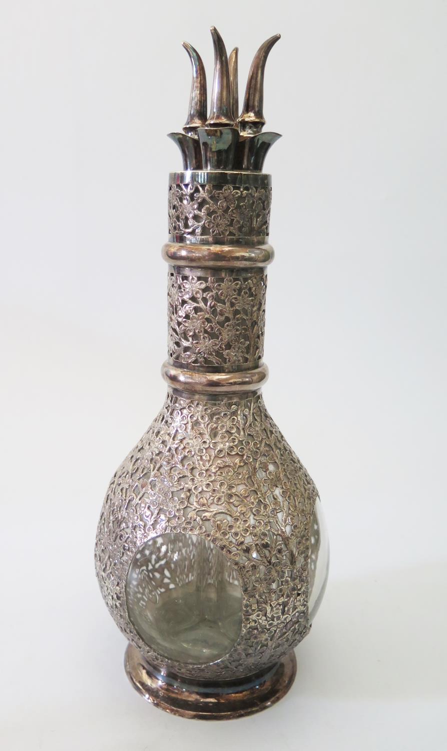 A Hong Kong Silver Mounted Decanter divided into four compartments, the overlay with pierced - Image 2 of 3
