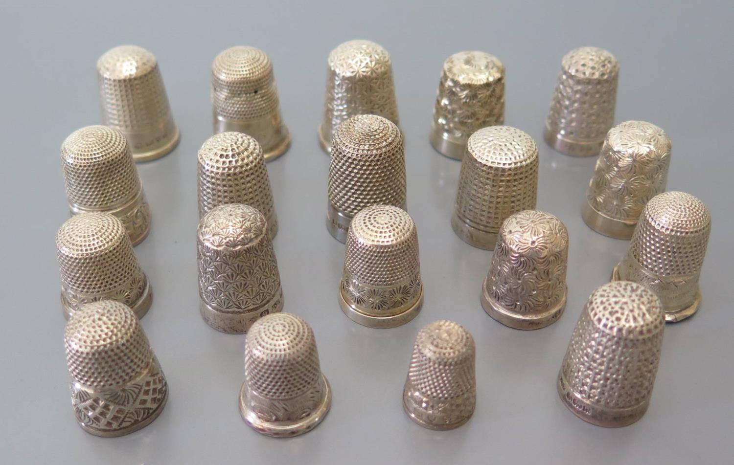 Seventeen English Sterling Silver Thimbles, 74g