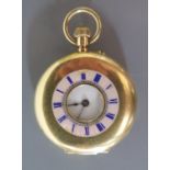 An 18ct Gold Lady's Keyless Half Hunter Fob Watch with pink guilloché enamel chapter ring, the