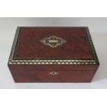 A Victorian Burr Wood and Inlaid Sewing Box with mirror to underside of lid and fitted plush