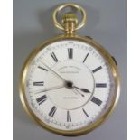 A Victorian 18ct Gold Open Dial Centre Seconds Chronograph Keyless Pocket Watch, the 45mm enamel