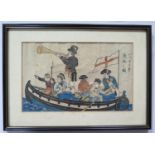 A Japanese Yokohama-e Woodblock Print showing Dutch Officer and merchantmen on board a launch, one