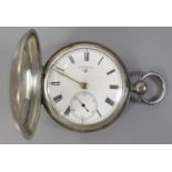 An Edward VII Silver Keywound Full Hunter Pocket Watch, enamel dial signed ROTHERHAMS, movement