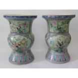 A Pair of Nineteenth Cantonese Zun Shaped Celadon Porcelain Vases decorated with birds and