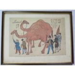 A Japanese Yokohama-e Woodblock Print of 'Kameel' (Camel) and figures, 32 x 22cm