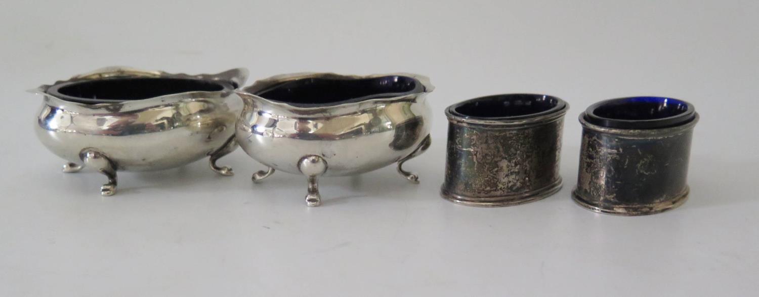 Two Pairs of Silver Salts with blue glass liners London 1908 and 1910 and the other Birmingham 1922