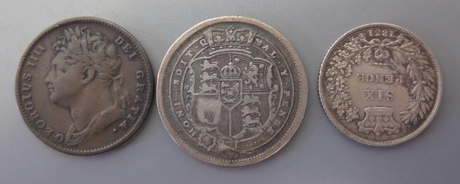 A George III 1816 Silver Shilling, 1831 Sixpence and1826 Farthing