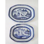 A Pair of Eighteenth Century Chinese Export Ware Blue and White Porcelain Platters, 33.5 x 17 and 26
