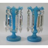 A Pair of Victorian Turquoise Glass Table Lustres, 22cm high