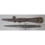 An Early Fairbairn-Sykes Fighting Knife with leather scabbard, 29.5cm