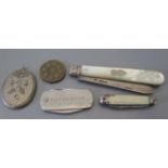 A silver and mother of pearl handled fruit knife other knives etc