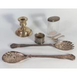 A loaded silver candlestick silver top dressing table pot etc