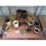 A collection of horn beakers, snuff boxes, powder flasks, 1 Beaker marked St. Maurice and other