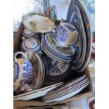 A selection of blue and white ware including willow pattern meat platters, Royal Worcester China