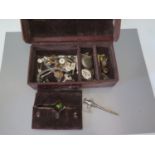 A box of costume jewellery, pocket watch, champagne tap etc