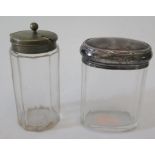 A silver top slice cut glass dressing table pot and one other