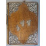 A Silver Mounted Oak and Leather Book Cover, Birmingham 1904, JS&S, 34 x 24cm