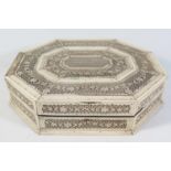 An 18th Century Carved Bone Octagonal Box with fitted plush interior, probably Russian, 22 x 18 x